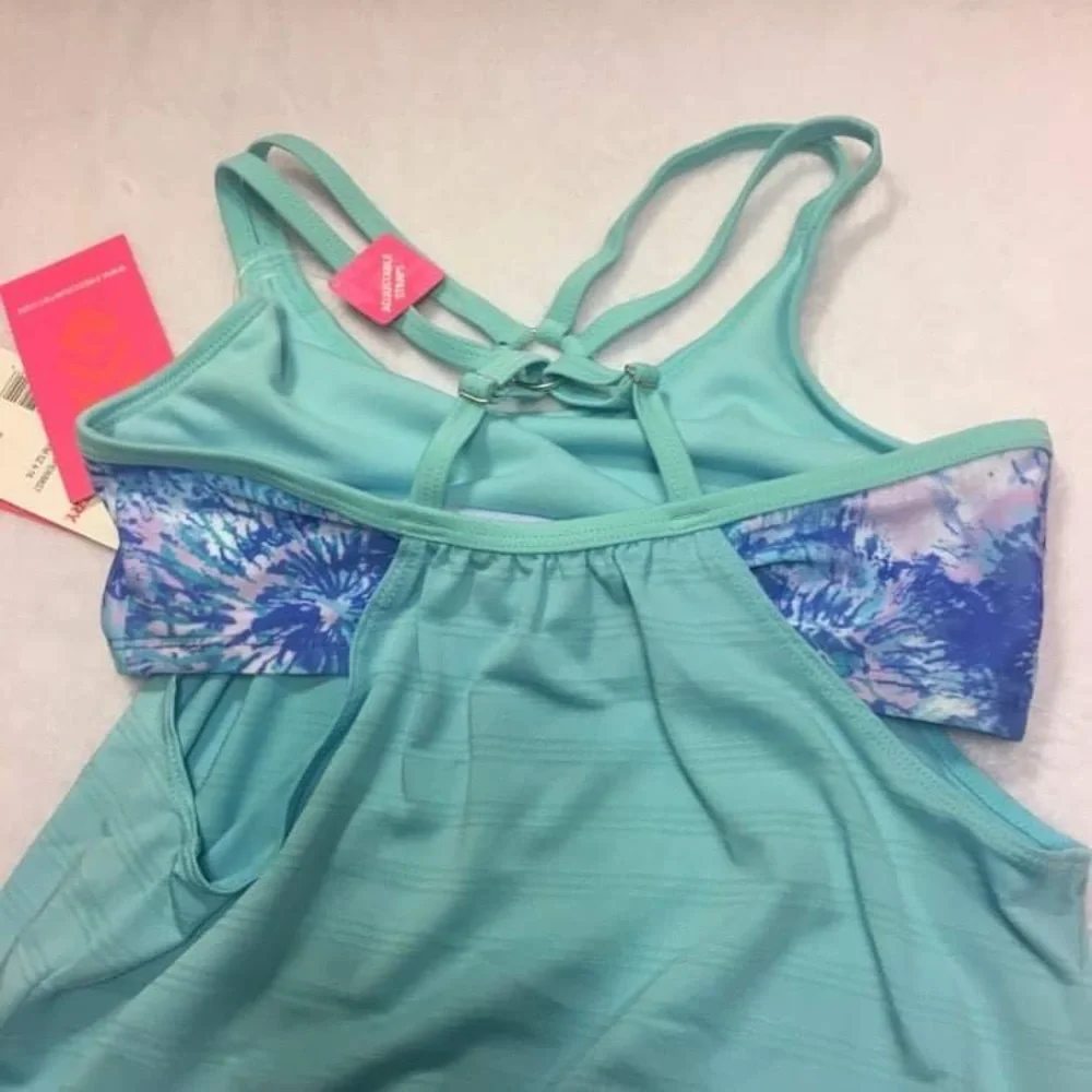 Free Country Tankini Swimsuit Girls Size 4 Teal Blue NWT Tie Dye 2-Piece Set